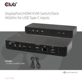Club3D KVM Switch 4K60Hz 2x USB-C> HDMI/DP/3xUSB/2xUSB-C/LAN Conmutador/Docking Station DisplayPort/HDMI 4K60Hz USB-C Negro