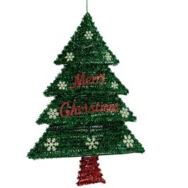 Adorno Navideño Colgante Árbol de Navidad Espumillón Luz LED Rojo Verde Polipropileno PET 44 x 58,8 x 7 cm (12 Unidades)