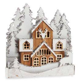 Figura Decorativa Luz Pueblo Blanco Marrón Madera 44 x 43 x 6 cm (4 Unidades)