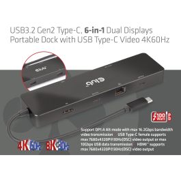 Club3D USB-C 6in1-HUB >HDMI/2xUSB-C/2xUSB/LAN 8K30Hz PD100W Hub USB-C portátil con HDMI 4K60Hz, 2xUSB 3.2, 2xUSB-C y Ethernet Gigabit, carga PD 100W