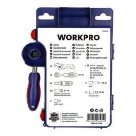 Workpro Vasos con Carraca, Mango y Llave Ajustable, 38 Piezas: Incluye Puntas, Vasos Métricos y Accesorios de Almacenamiento