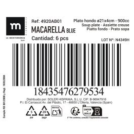 La Mediterranea Plato Hondo Macarella Blue Colección 870, Ø21x4 cm (18 Unidades)