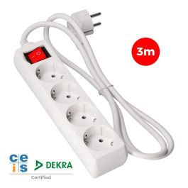 Edm Prolongador con 4 tomas 2p+t, interruptor luminoso, 3 m de cable, blanco, 16A 250V