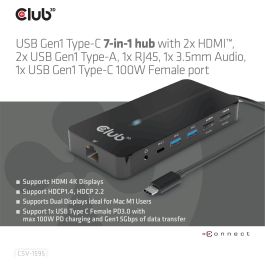 Club3D Hub USB-C 7 en 1: 2xHDMI 4K60Hz, 2xUSB, USB-C PD100W, LAN - Adaptador para portátil/PC