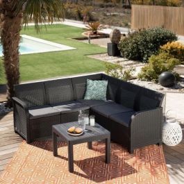 ALLIBERT by KETER - Sofá esquinero de 5 plazas SanRemo en imitación de ratán trenzado con mesa de centro - gris grafito