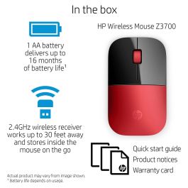 HP Raton Z3700 Ambidiestro RF inalambrica optico 1200 DPI/ V0L82AA/ Rojo y Negro