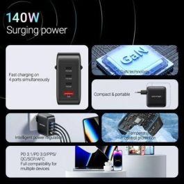 Vention FEIW0-EU Cargador de Pared GaN 140W con 4 Puertos: 3 USB-C (hasta 140W) y 1 USB-A (hasta 18W) para Carga Simultánea
