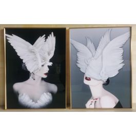 DKD Home Decor Cuadro Moderno Mujer Plumas Blanco y Negro 80 cm Alto x 60 cm Ancho x 3 cm Fondo Aluminio y MDF (Pack 2 Unidades)