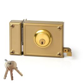 Jis Cerradura de sobreponer con golpe y llave 100mm izquierda, cilindro fijo 52mm, dorado, referencia 12-10i