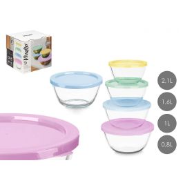 Set 4 Fiambreras Vivalto Borosilicate 800ml, 1L, 1.6L, 2.1L - Vidrio Transparente, Azul, Amarillo, Lila, Verde - 21.5x20.7x21.5 cm (4 Unidades)
