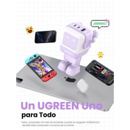 UGREEN 35291 Cargador Nexode RG 65W GaN 3 Puertos USB C/A Carga Rápida, Pantalla LED, Rosa