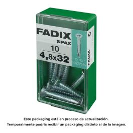Fadix Tornillo rosca chapa autotaladrante cincado, con las características 'cp', dimensiones 4,8x32mm, presentado en una caja que contiene 10 unidades.