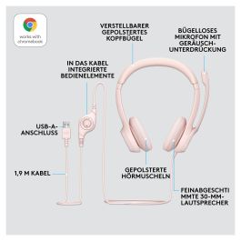 Logitech H390 Auriculares con Micrófono con Cancelación de Ruido, USB-A, Supraaurales, Diadema, Color Rosa