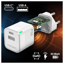PEDEA 60040106 Cargador Rápido USB-C PD 30W 2 Puertos (USB-C + USB-A) 100-240V - Blanco