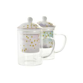 DKD Home Decor Mug Infusiones Glam 300ml de Cristal y Porcelana Rosa Verde Menta Transparente, Apto Microondas y Lavavajillas (Set 6 Unidades)