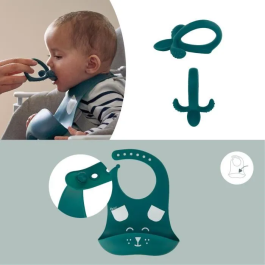Babymoov FIRST'ISY Dog Blue Juego de Comidas Infantil para 6-12 Meses, Set de 3 Piezas con Bol, Cuchara y Babero Antideslizante y Apto para Microondas y Horno
