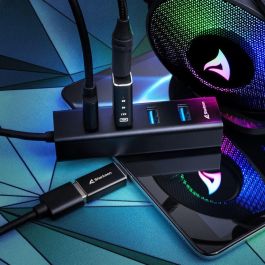 Sharkoon Hub USB 3.2 Gen 1 de 4 Puertos Tipo-C a Type-A, 5000 Mbit/s, de Aluminio, Color Negro