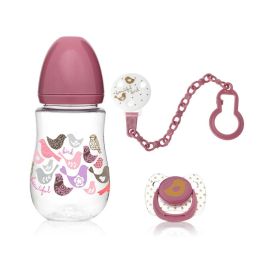 KioKids Set Biberón 250 mL, Chupete Ortodóntico Silicona y Pinza Sujetachupete Rosa | Bebés +6 Meses