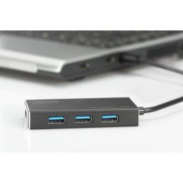 Digitus 4-Port 3.0->4xA3.0 Concentrador USB 3.0 de 4 Puertos, 5000 Mbit/s, con Adaptador de Corriente, Negro, Aluminio