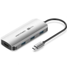 Vention TQDHB Docking Station USB-C con HDMI 4K 60Hz, 3 puertos USB 3.0, USB-C Power Delivery 100W, Gris, Aleación de Aluminio, 0.15m