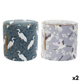 DKD Home Decor Reposapiés Oriental Verde Azul Poliéster/Madera 35x35x35 cm (2 Unidades) Hecho a Mano