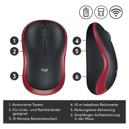 Logitech M185 Ratón Inalámbrico Óptico 1000 DPI Rojo