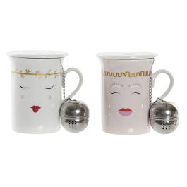 DKD Home Decor Mug para Infusiones Scandi Colección Faces Porcelana Inox 280ml Rosa y Blanco Apto Microondas Lavavajillas - Pack 12 Unidades
