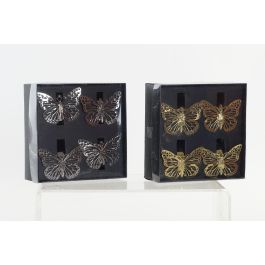 DKD Home Decor Servilletero Navidad Mariposas Dorado Plateado Metal Set 4 Piezas 14 x 14 x 5 cm