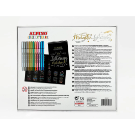 Alpino AR010701 Set Metallic Lettering con 12 Rotuladores Metálicos Doble Punta, Papel Negro y Guía