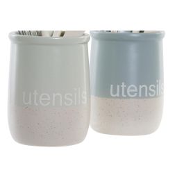 DKD Home Decor Bote Utensilios Scandi Azul Celeste y Verde Menta Gres y Rubberwood 10 x 10 x 14 cm Set 5 Piezas