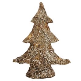 DKD Home Decor Árbol de Navidad Alpina con Luces LED de Ratán, Marrón y Dorado, 41 cm Alto, Funciona con Pilas AA