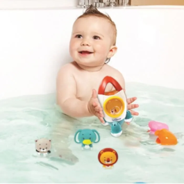 Lexibook Caja de Cohetes de Baño con 3 Animales Flexibles (León, Oso, Elefante) - Juguete de Baño con Chorro de Agua para Niños +18 Meses
