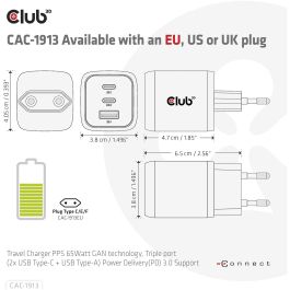 Club3D Cargador de viaje PPS GaN 65W, 2x USB-C + 1x USB-A, Carga Rápida PD 3.0 para Móviles y Portátiles, Negro