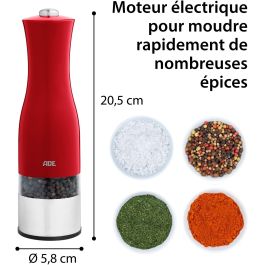 ADE ADE4260578581707 Molinillo Eléctrico de Sal y Pimienta, Acero Inoxidable/Plástico Rojo, 22.5 cm, Incluye 6 Pilas AAA