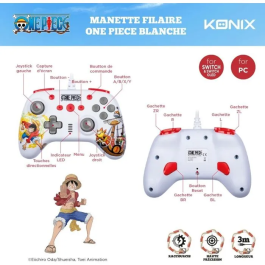 Konix KON3328170001007 Gamepad Cableado para Nintendo Switch, Switch 2 y PC con Temática One Piece y Vibración - Blanco - 3 m - Personaje Luffy