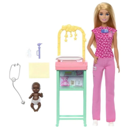 Barbie Caja Pediatra con Muñeca Bebé, Jumpsuit Rosa, Muebles y Accesorios Médicos para Niños a Partir de 3 Años