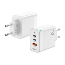 Aisens Cargador GaN 65W, 2xUSB-C PD3.0 QC4.0, 1xUSB-A QC3.0 Blanco para Portátiles y Móviles