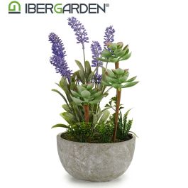Ibergarden Planta Artificial Lavanda en Maceta de Cemento Gris Verde Morado Medidas 23x31x16 cm
