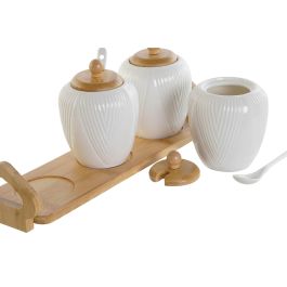 DKD Home Decor Azucarero Porcelana y Bambú Blanco Natural Set de 4 Piezas 9 x 7 x 31 cm