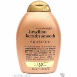 OGX Champú Queratina Brasileña Alisa, Nutre y Brillo, Anti-Frizz Cabello Ondulado Rizado, Sin Sulfatos ni Parabenos, 385 ml