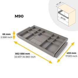 Emuca Kit de cajón organizador y bastidor regulable Quartz para armarios, guías de cierre suave y extracción total, Módulo 90cm, Acabado Titanio