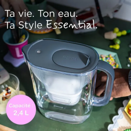 Brita Jarra Filtro de Agua Mineral Essential Style Blue, 2.4 L Capacidad (1.4 L Filtrada), Incluye 4 Filtros Maxtra Pro Pure Performance