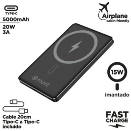 Muvit For Change MCCHP0009 Powerbank 5000mAh 20W Wireless Negra con Cable USB Tipo-C