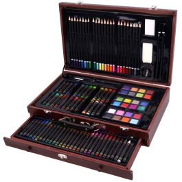 MGM Cajonera de madera 'Mano del Artista' 140 piezas – Kit completo de materiales de dibujo, pintura y pasteles para ocio creativo