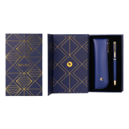 Belius Soiree Boligrafo y Estuche Color Azul Marino y Dorado Tinta Azul Punta 0,8 mm en Caja de Diseño Art Deco Elegante