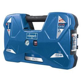 Scheppach Compresor portátil AIR CASE 2L 1100W 8 bares con 12 accesorios, pistola de aire y manija de inflado
