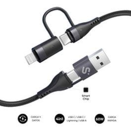 Subblim SUBCAB-4IN101 Cable USB 4 en 1 (USB-A/C a C/Lightning) Carga Rápida 60W 480Mbps 1m Negro Nylon Trenzado