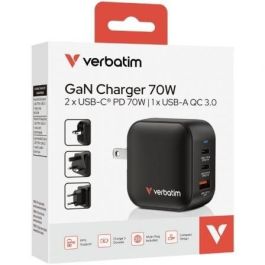 Verbatim 32229 Cargador de Pared Mini GaN 70W Universal para Viaje con Enchufes Múltiples 3 Puertos (2xUSB-C, 1xUSB-A) PD 3.0 QC 3.0