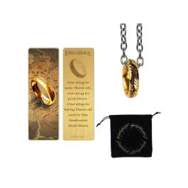 Cinereplicas Pack Regalo El Señor de los Anillos Oficial: Anillo Único con Cadena de Acero Inoxidable y Marcador Metálico Dorado