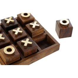 DKD Home Decor Juego Tic Tac Toe Colonial de Mango y Metal Natural y Dorado 13x13x4 cm - Set de 2 piezas